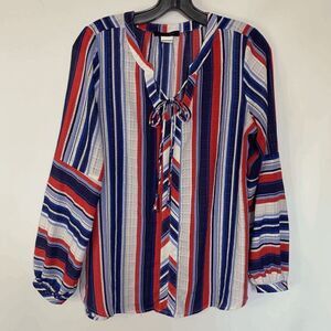 Jenni & Marlis Women's Multicolor Stripes Long Sleeves Ribbon Tie Top Size M